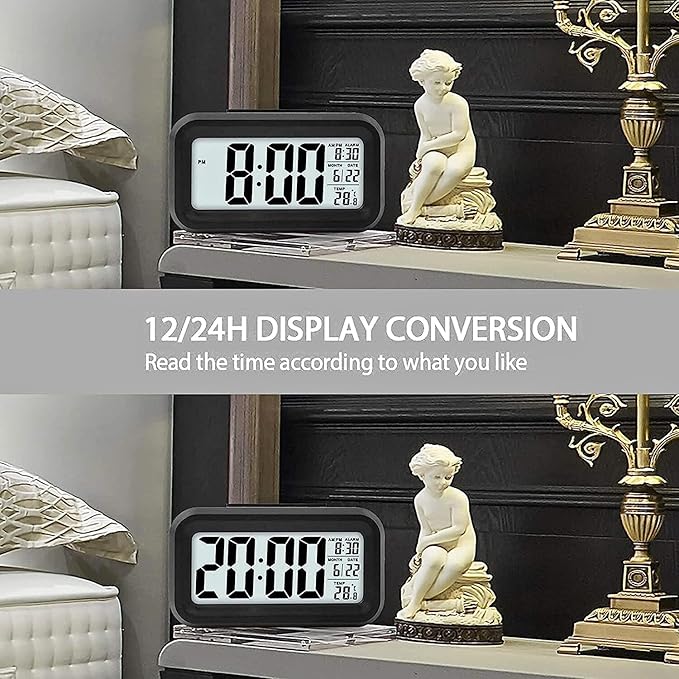 AERYS Digital Alarm Clock with Automatic Sensor, Date and Temperature Display, Compact Desk Table Clock for Students, Home, Office, Bedroom, Living Room,Home Decor, Corporate Use (Black Digital)