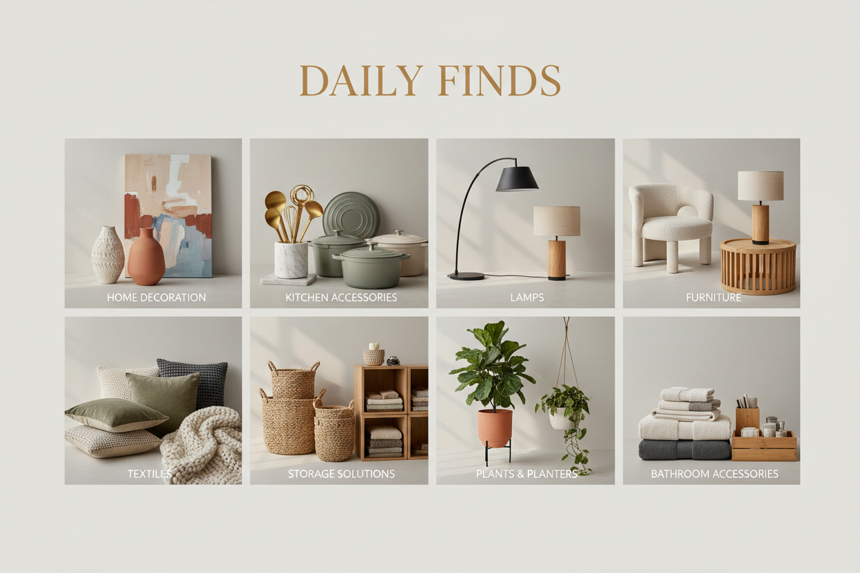create a image where it is showing 8 categories like home decoration ,kitchen asserioes , lamps , etc showing the branding the the daily finds 